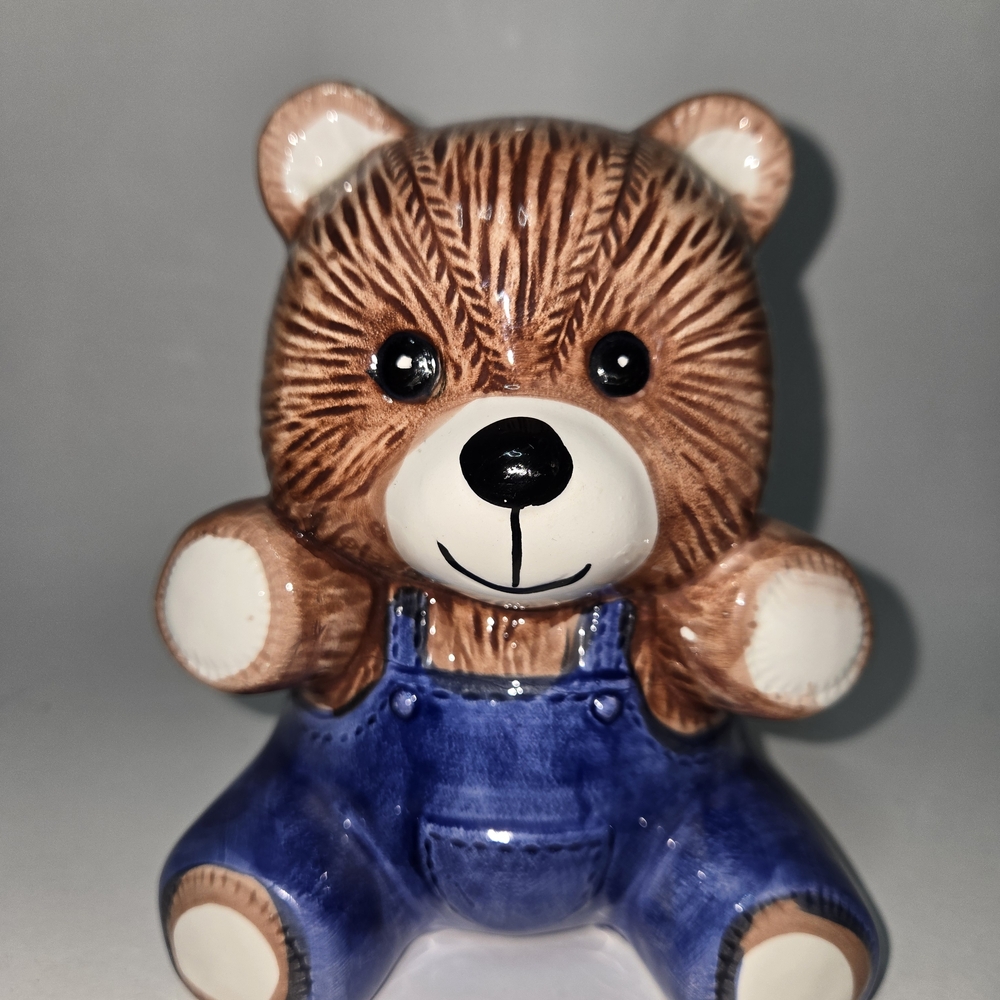 Vintage Ceramic Teddy Bear with Blue Overalls Hand-painted Coin Bank from 1980's